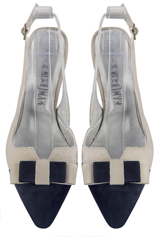 Navy blue and pearl grey women's open back shoes, with a knot. Tapered toe. Medium slim heel. Top view - Florence KOOIJMAN